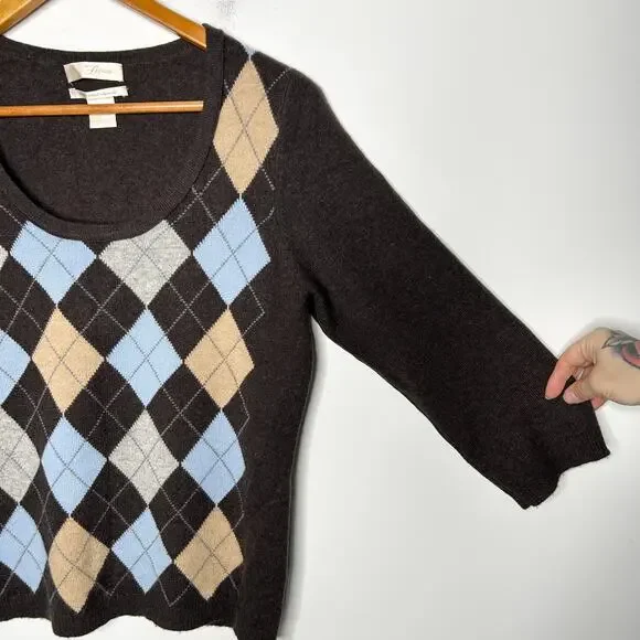 Vintage Argyle Cashmere Sweater FIONA Womens Large Academia Twee Preppy School